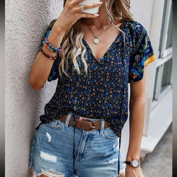 Boho Plus Size Floral Paisley Print Top Blouse Shirt - Picture 1 of 4